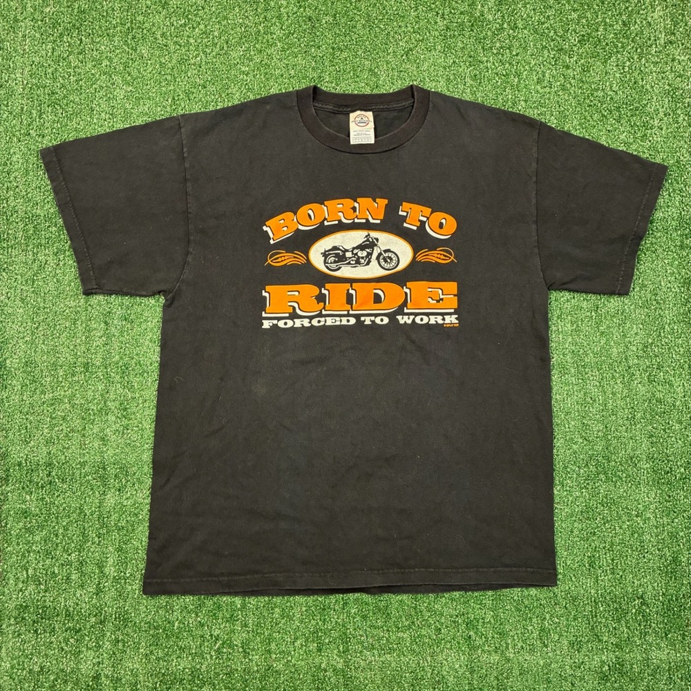 Y2K 2000's Biker "Born‎ To Ride Forced To Work" Graphic T-shirt